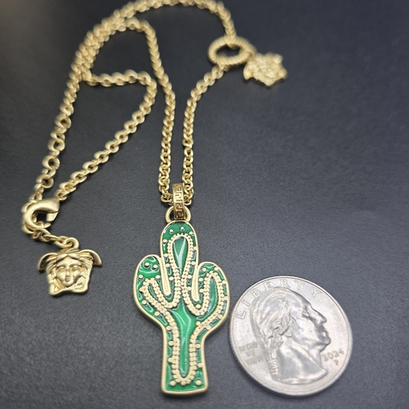 Versace Gold Necklace with Green Cactus Pendant - Picture 2 of 5